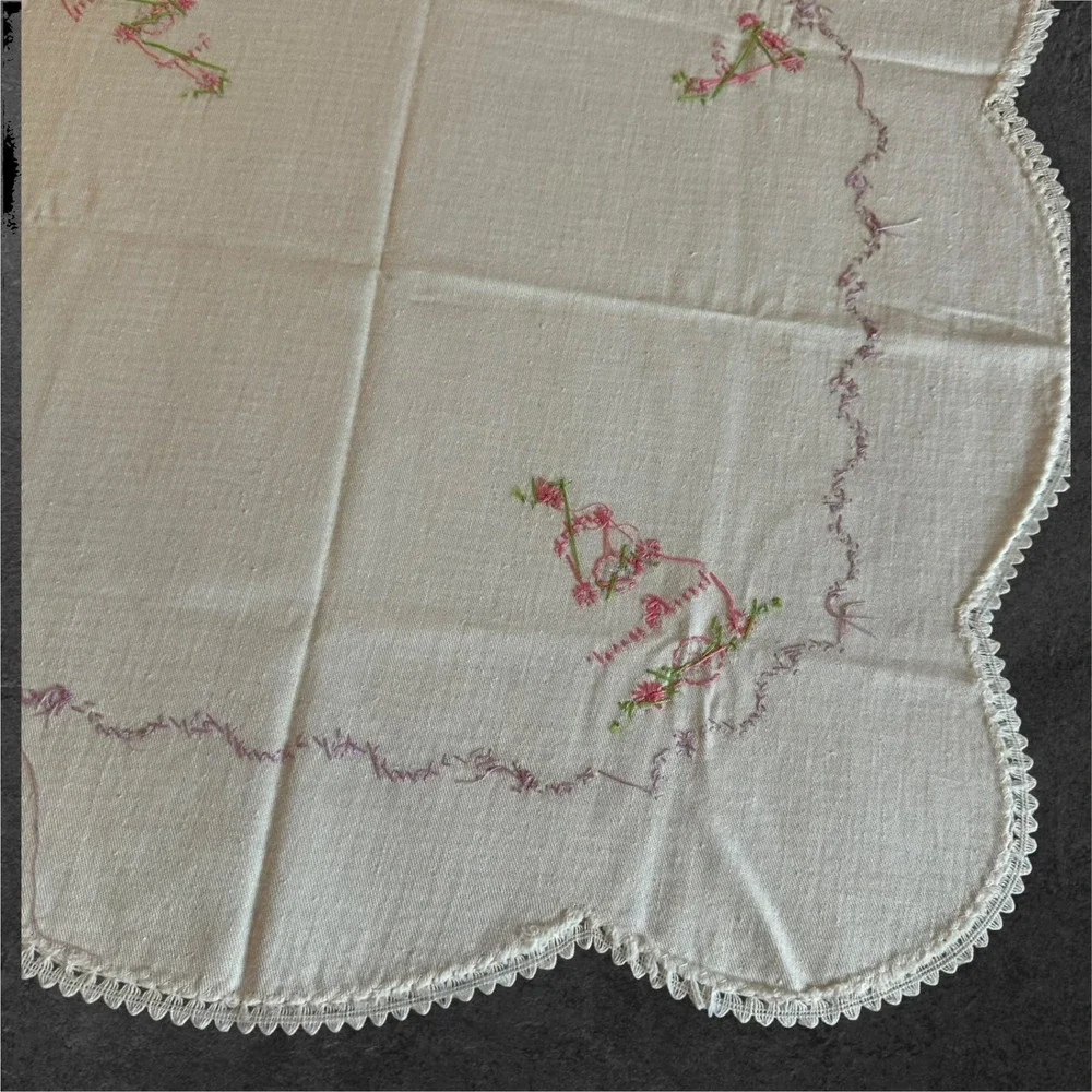 Vintage Hand‎ Embroidered Floral Doily Centerpiece Scalloped Lace 24x24